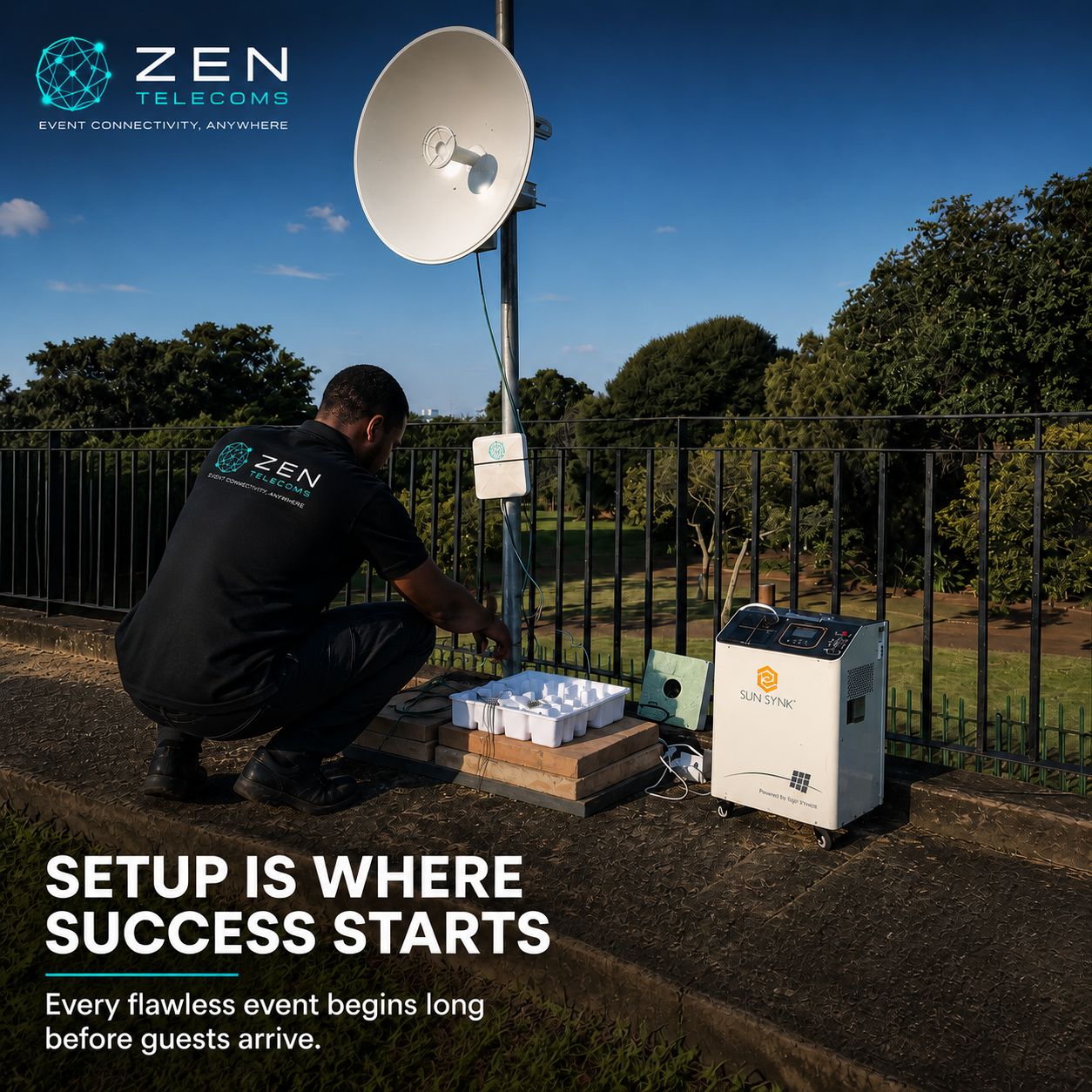 Telecoms technician setting up a point-to-point dish and portable power at an event perimeter at dusk, teal network nodes glowing overhead