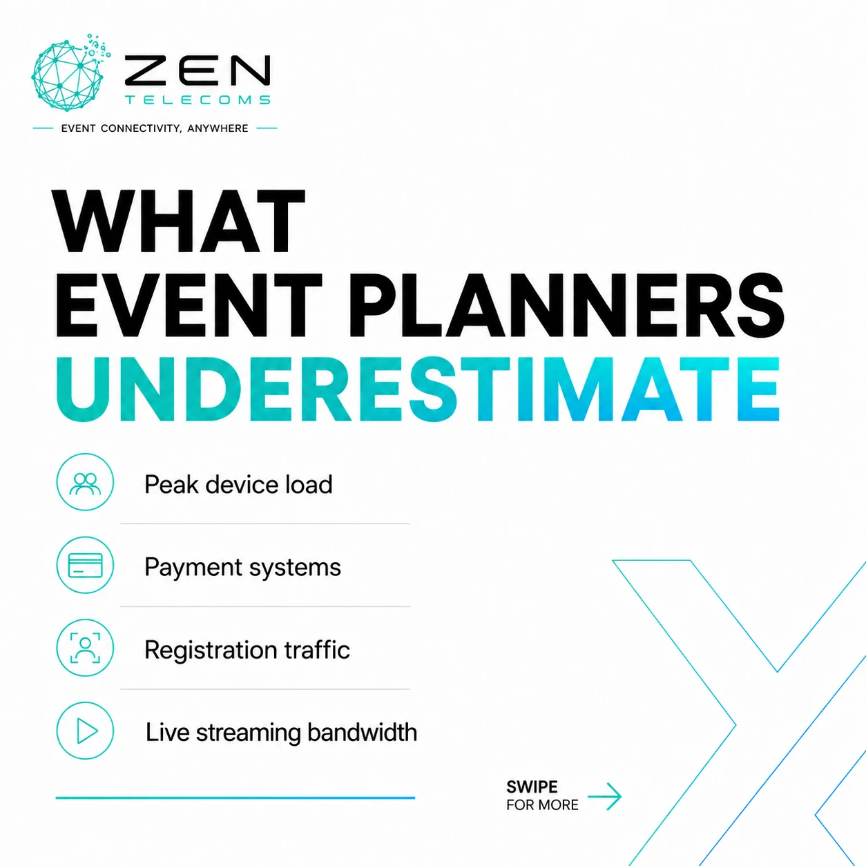 Packed event crowd at dusk holding glowing phones with teal network nodes floating overhead, suggesting heavy WiFi device load