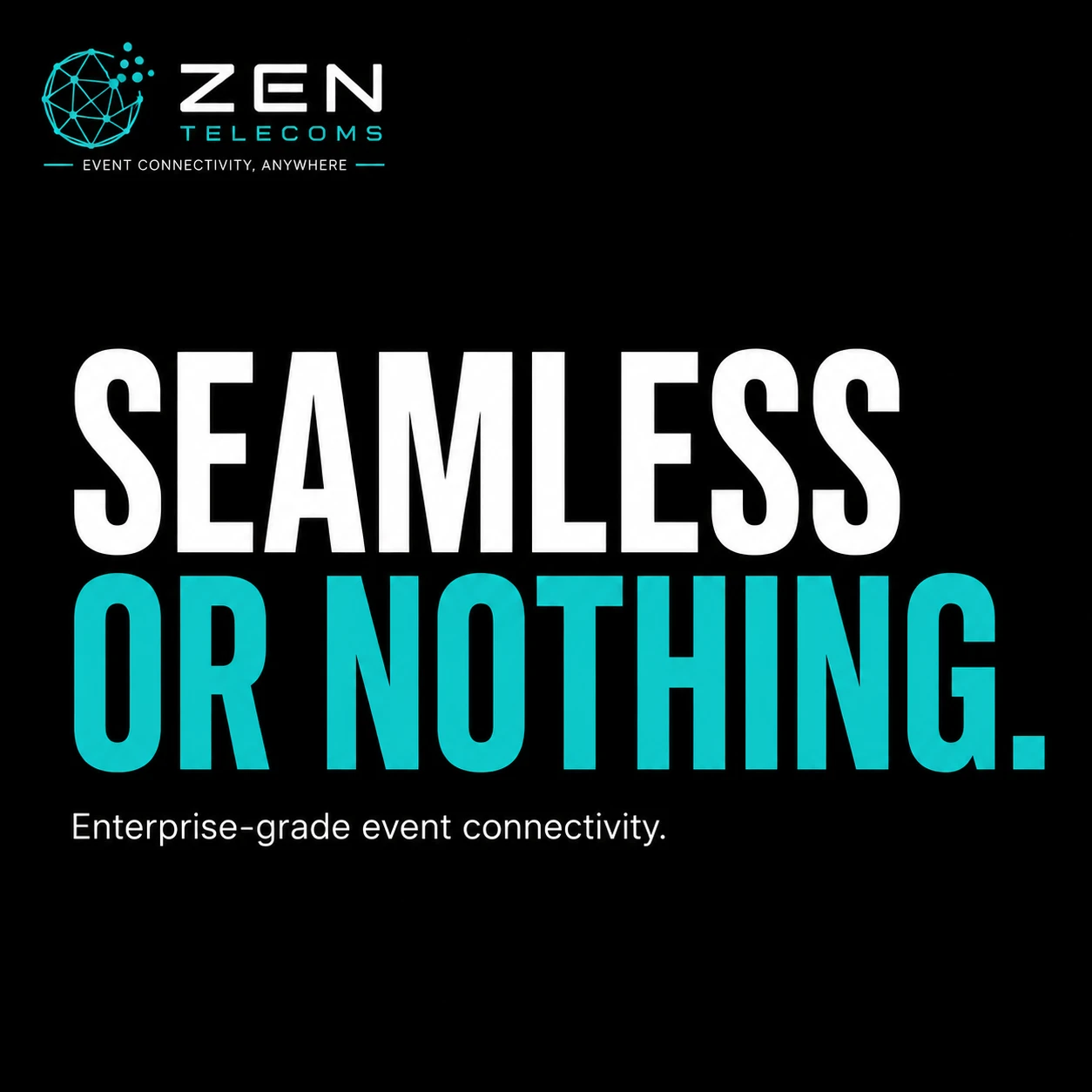 Packed event arena at dusk with glowing teal network nodes overhead, registration lanes and payment terminals running smoothly, broadcast aesthetic