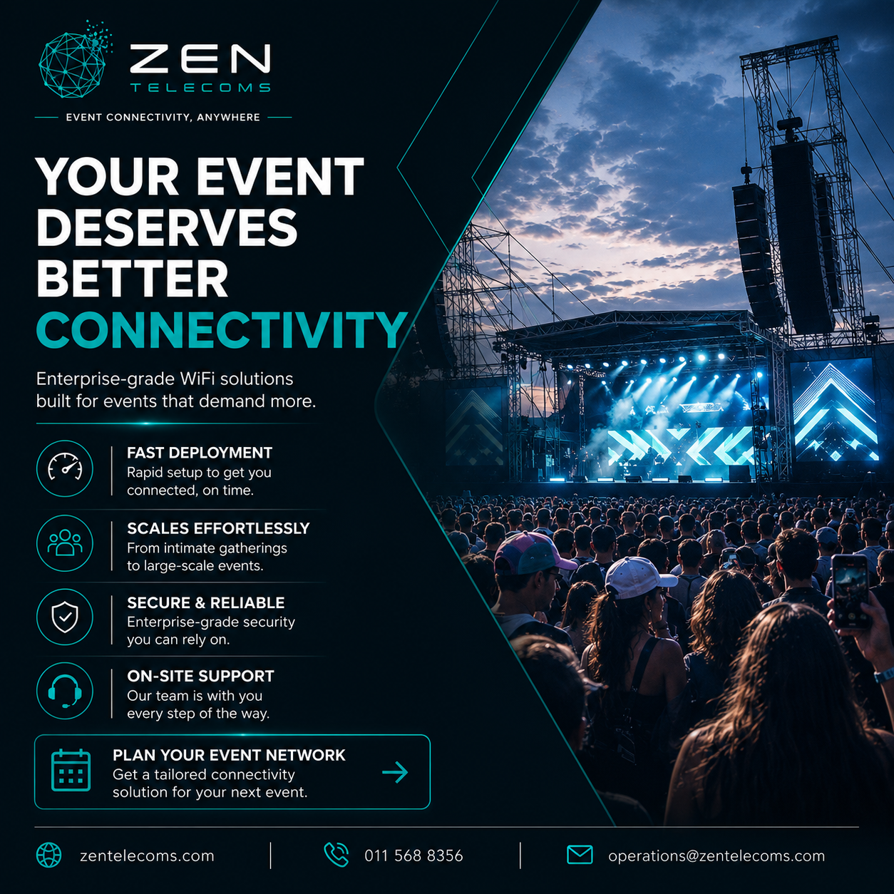 Packed festival crowd at dusk facing a brightly lit stage with teal beams and faint network nodes glowing overhead, broadcast aesthetic