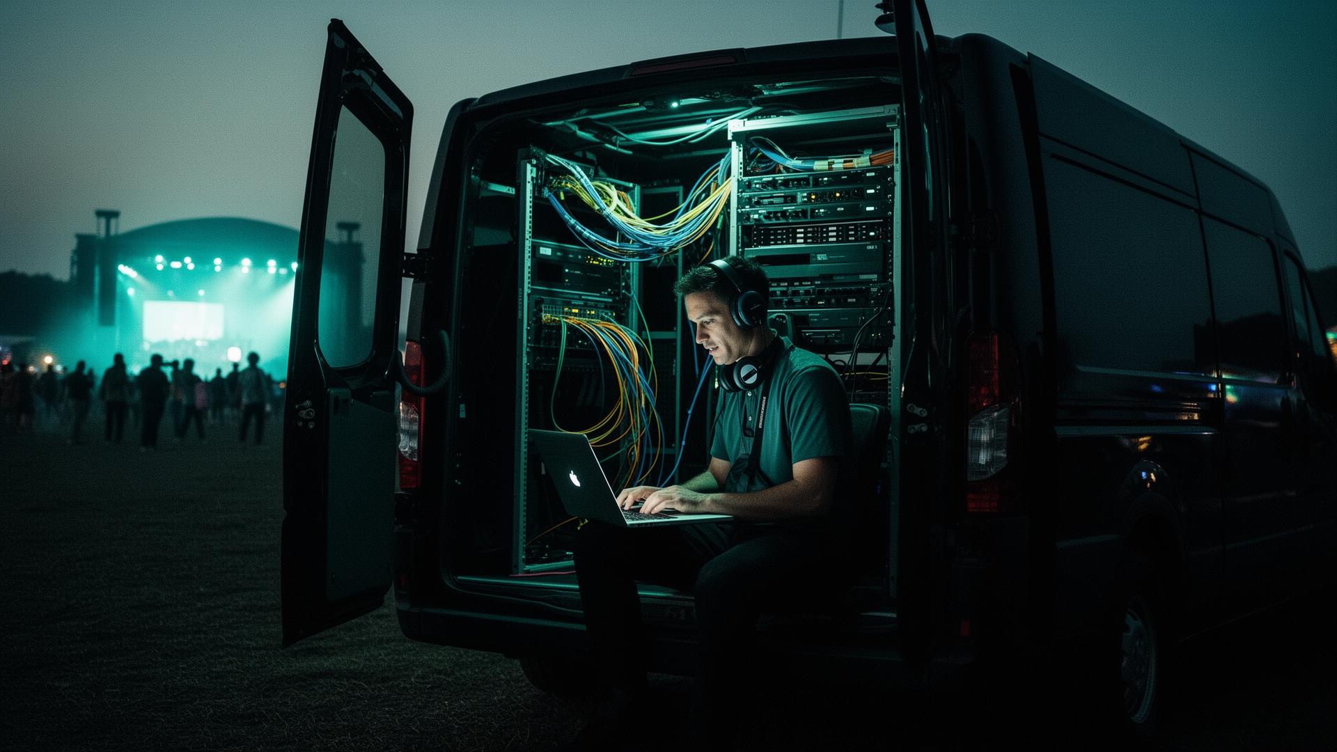 Network engineer working from a comms van at a festival site, fiber rack illuminated, stage lights in the background