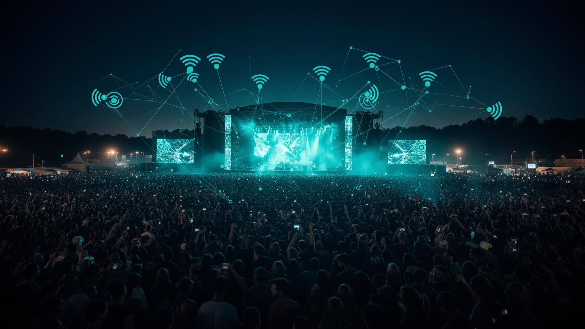 Massive festival crowd at night with overlaid teal network signal nodes above the stage
