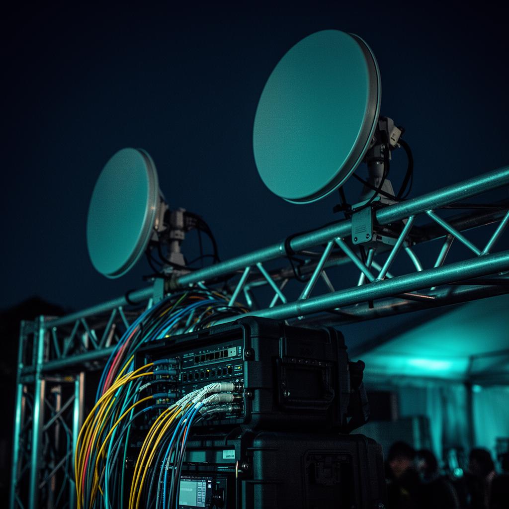 Point-to-point microwave dishes and tactical fiber cabling mounted on event truss at dusk