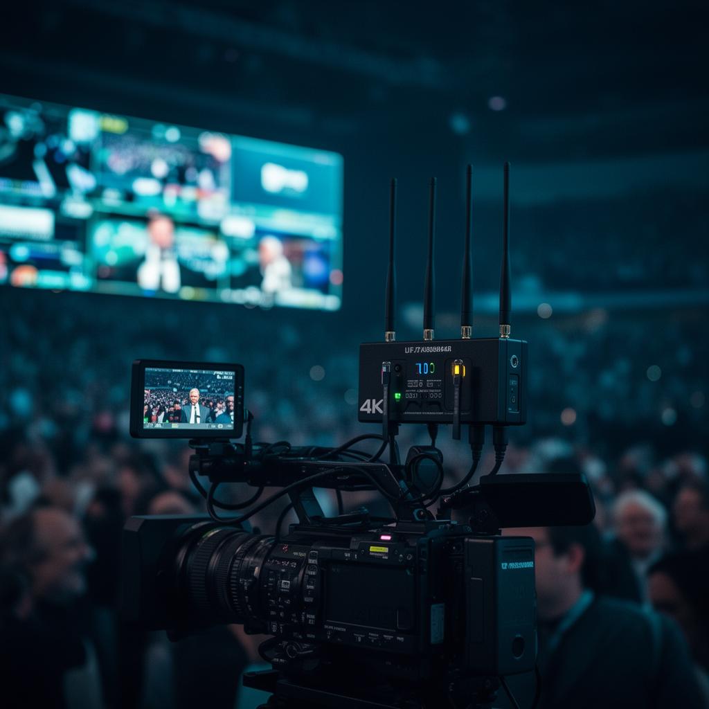4K broadcast camera with a bonded cellular uplink transmitter at a packed live event