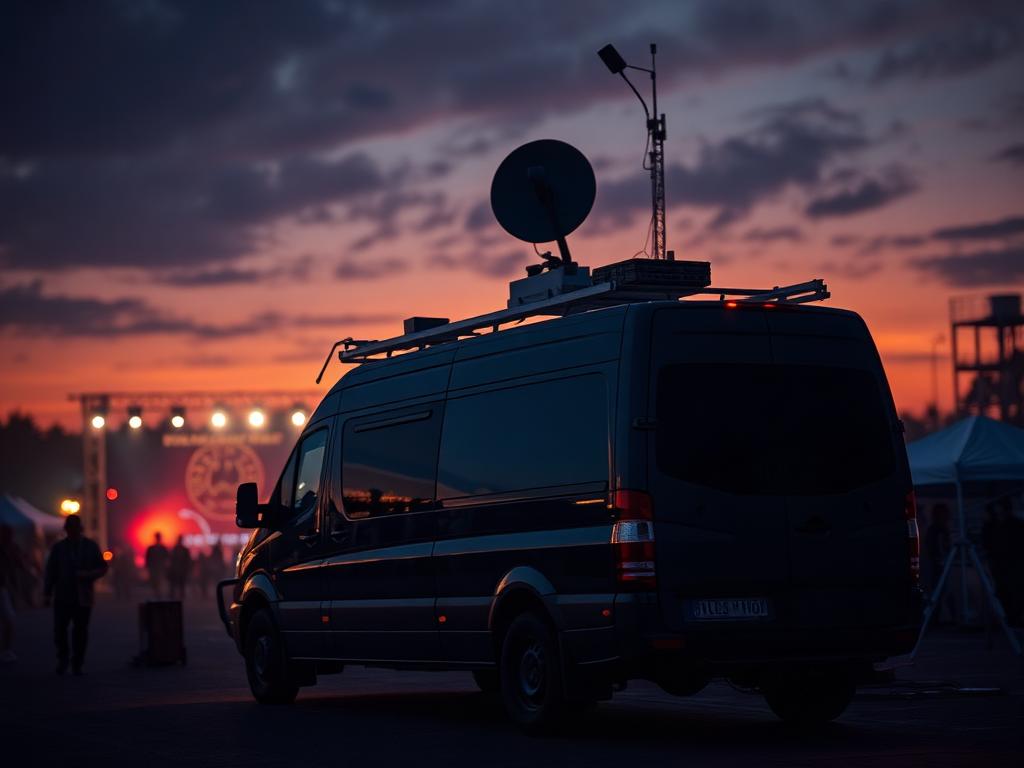 Mobile broadcast van with satellite dish and wifi antennas at an event venue at dusk