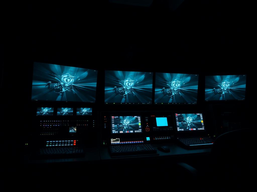 Live broadcast streaming control room with multiviewer monitors