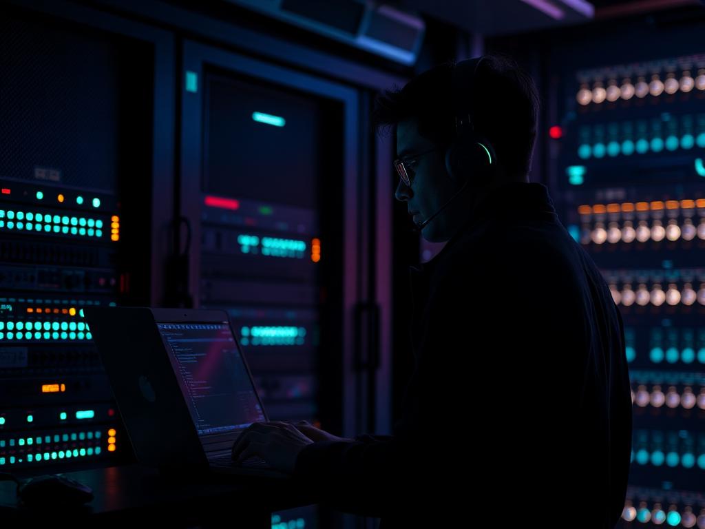 Network engineer monitoring server racks backstage at live event